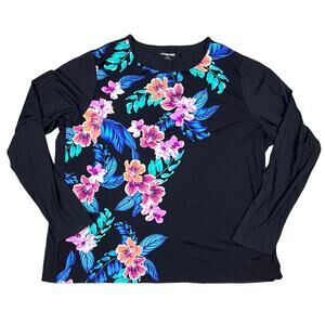 Lands End Rash Guard Black Tropical Floral Print Long Sleeve Vacation Summer